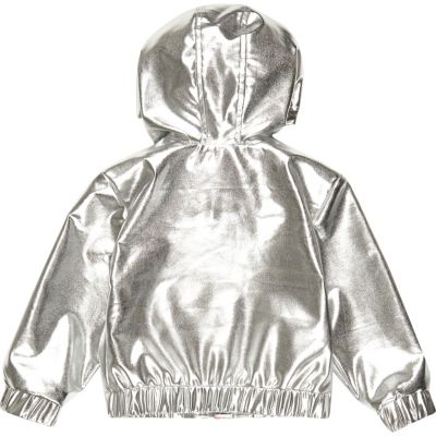 Mini girls silver hooded bomber jacket
